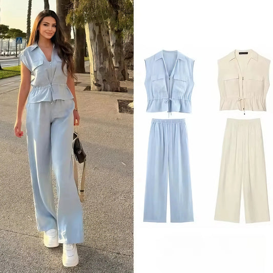 Women's 2-Piece Safari Set – Stylish Top &amp; Elastic Waist Pants