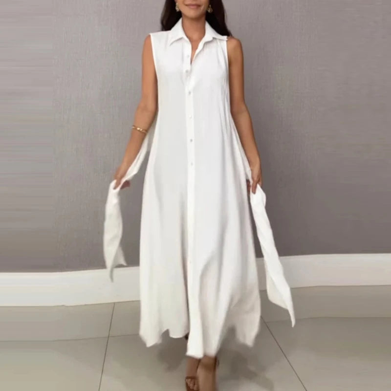 Elegant Long Dress – Lapel Neck & Lace-Up Tie