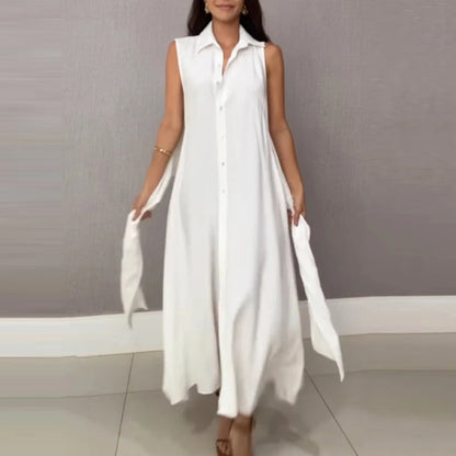 Elegant Long Dress – Lapel Neck & Lace-Up Tie