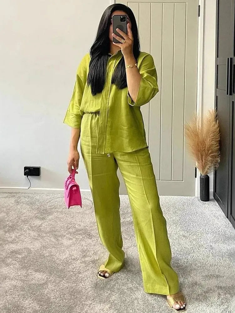 Conjunto Feminino 2 Peças Cor Sólida – Camisa Single-Breasted Solta + Calça Wide-Leg Cintura Elástica