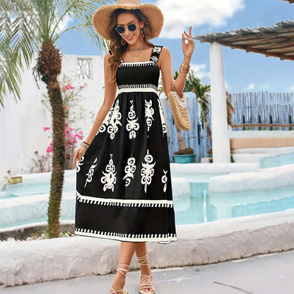 Vestido Maxi Boho com Estampa Tribal e Alças Elásticas