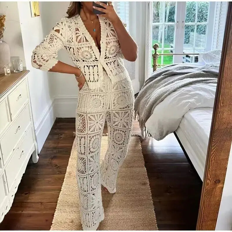 Conjunto Feminino Tricot & Calça Wide-Leg – Estilo Boho Chic