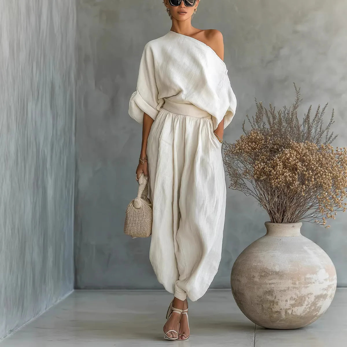 Conjunto Resort Luxe – Ombro Assimétrico & Calça Wide Leg