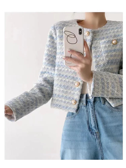 Elegant Tweed Jacket – Short Cardigan with Pockets