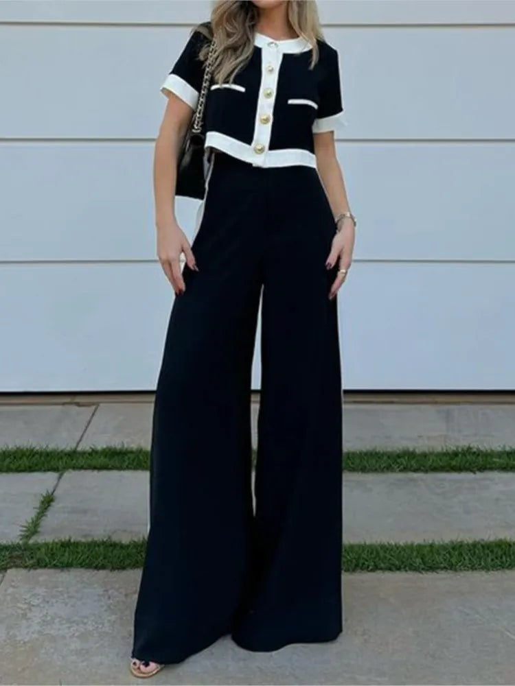 Women's Color Block Set – Short-Sleeve Blouse & Straight Leg Pants