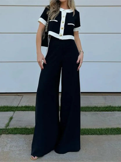Women's Color Block Set – Short-Sleeve Blouse & Straight Leg Pants