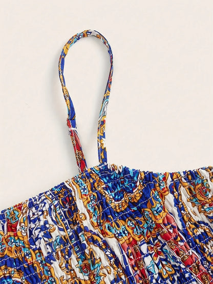 Vestido Longo Estampado com Alças e Cintura Ajustada