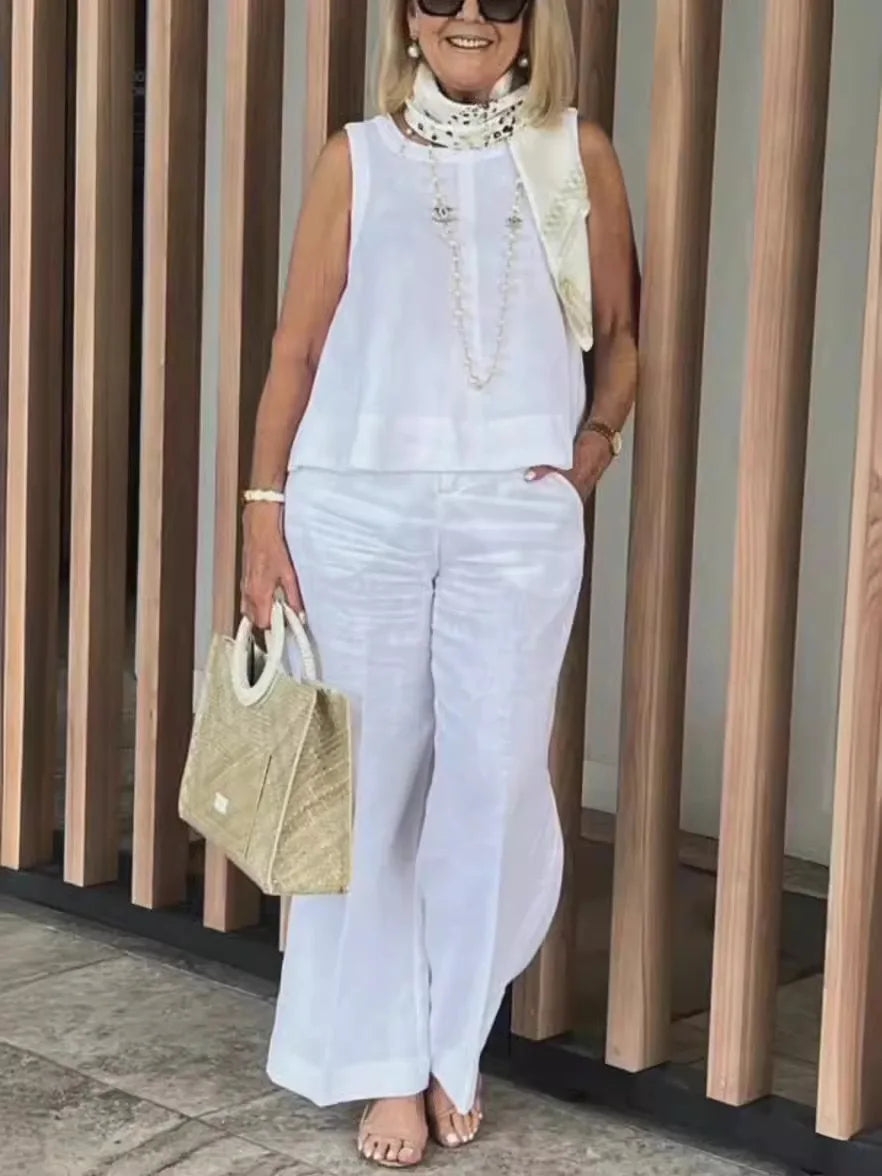 Conjunto Feminino Linho Sólido – Blusa Regata + Calça Wide-Leg