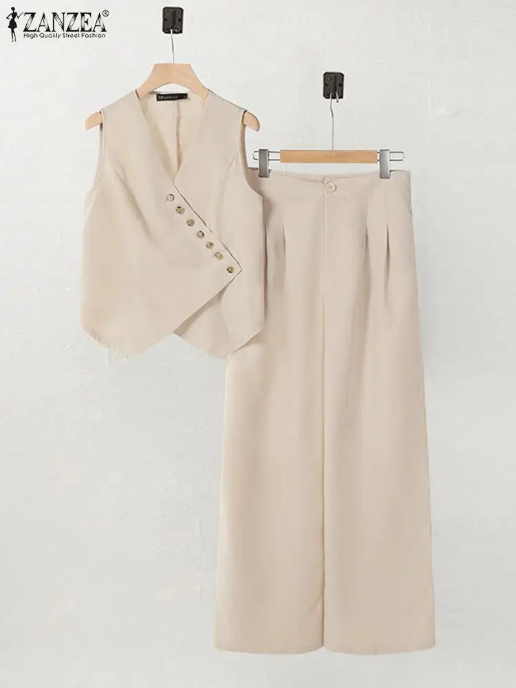 ZANZEA Women's Set – Vest & Wide Leg Pants with Irregular Buttons