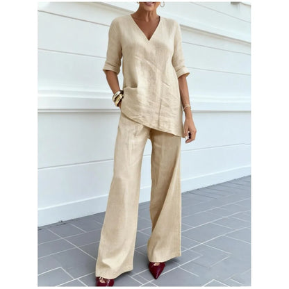 Conjunto Algodão & Linho – Blusa Decote V & Calça Reta