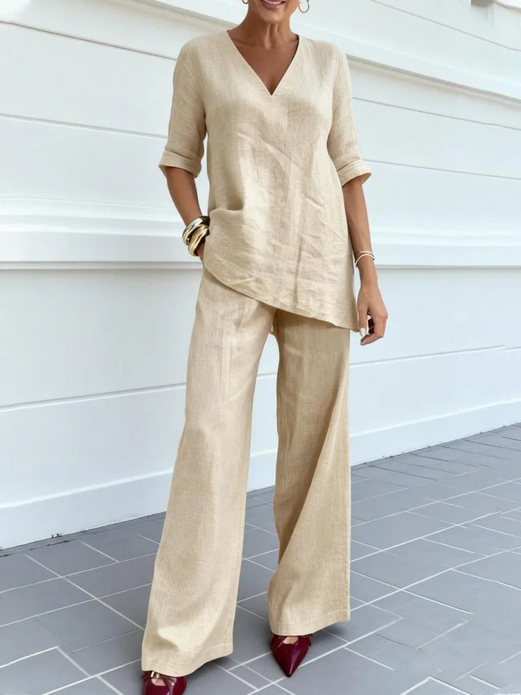 Conjunto Algodão & Linho – Blusa Decote V & Calça Reta