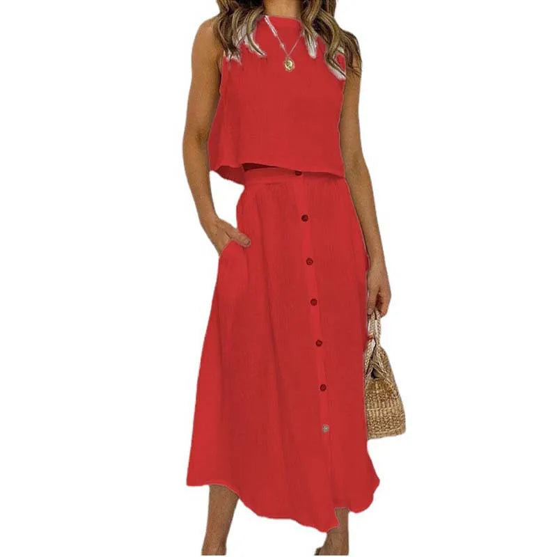 Conjunto Feminino Verão 2023 – Colete Sem Mangas + Saia de Linho/Cotton