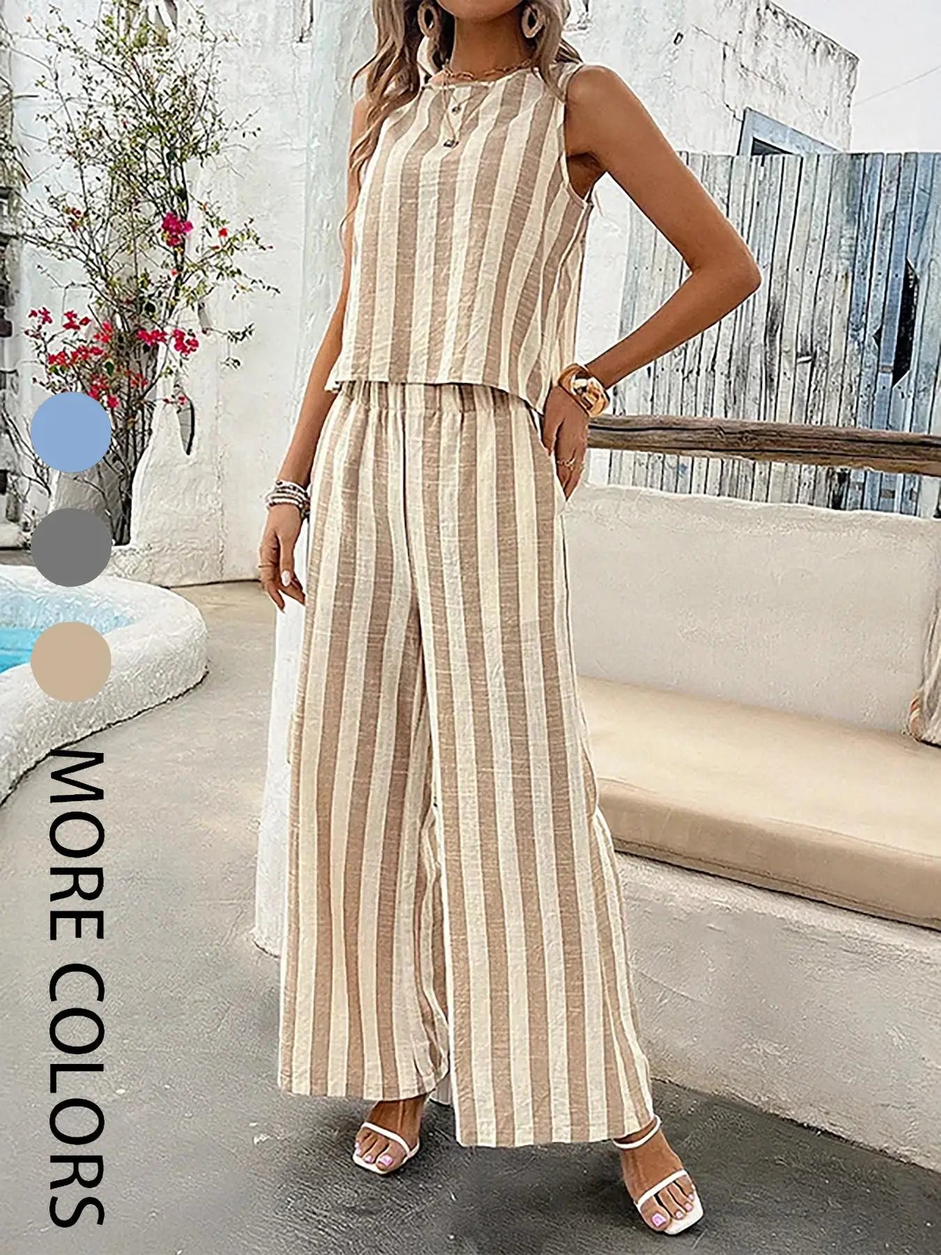 Conjunto Feminino 2 Peças Listrado – Colete & Calça Wide Leg