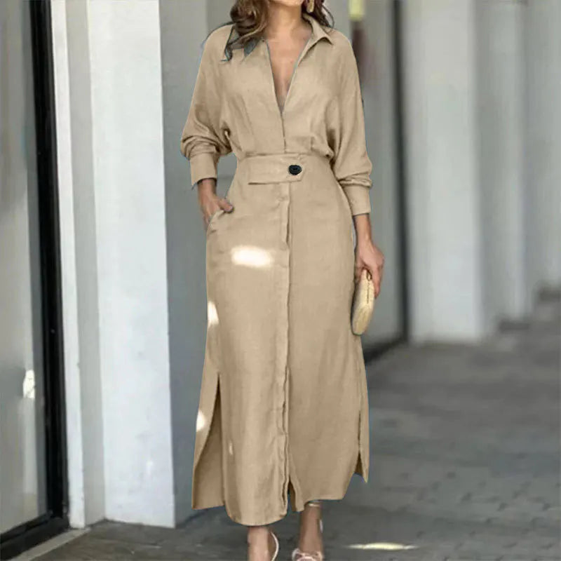 Vestido Feminino de Outono – Manga Longa com Decote V