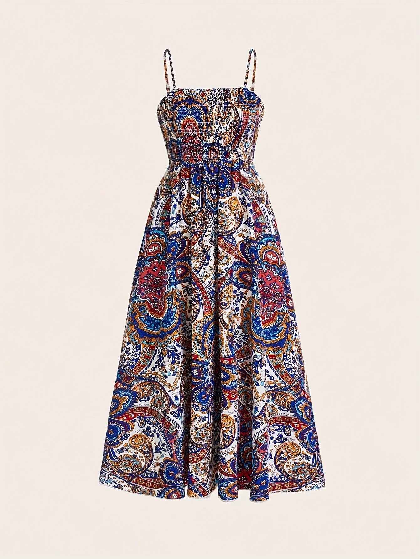 Vestido Longo Estampado com Alças e Cintura Ajustada