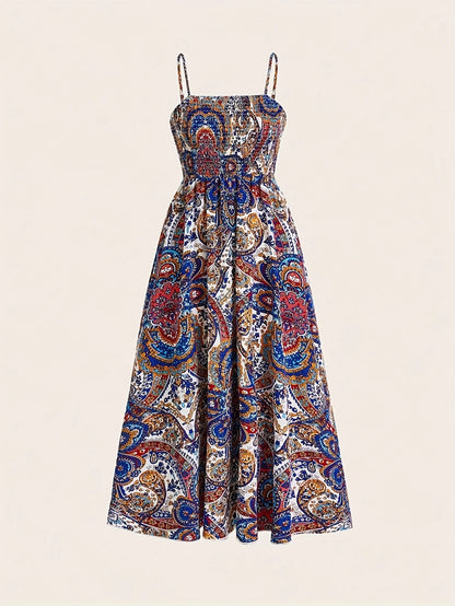 Vestido Longo Estampado com Alças e Cintura Ajustada