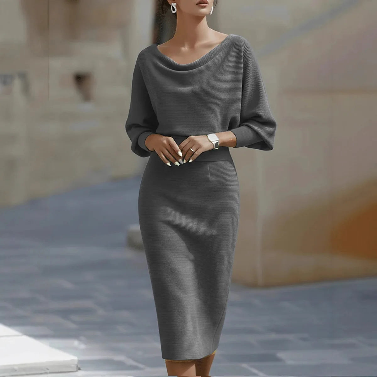 Elegant Midi Dress – High Waist & 7/8 Sleeve