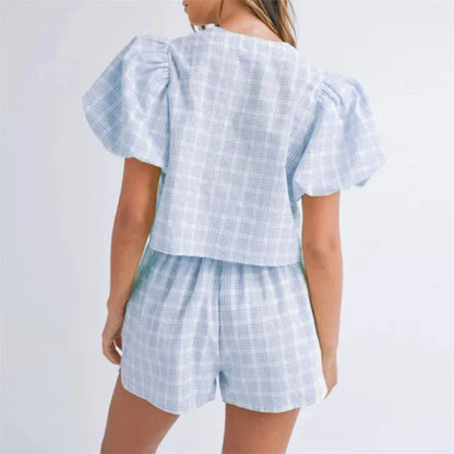 Conjunto Feminino 2 Peças Xadrez Y2K – Top Amarrado & Shorts Cintura Elástica