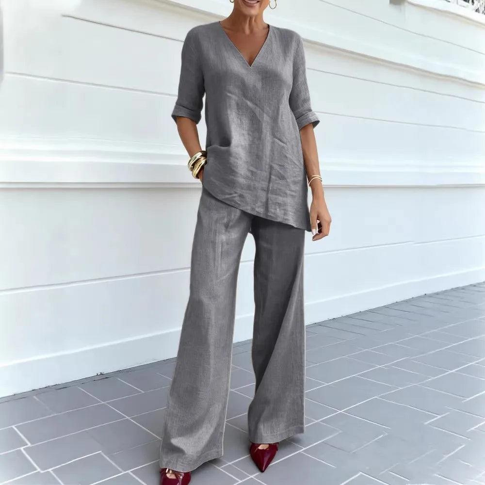 Conjunto Algodão & Linho – Blusa Decote V & Calça Reta