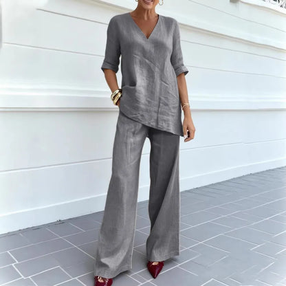 Conjunto Algodão & Linho – Blusa Decote V & Calça Reta