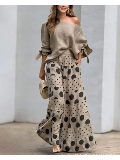 Conjunto Feminino Casual – Top Diagonal + Calça Estampa Poá