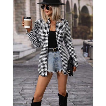 Women's Pied de Poule Check Blazer – Open Cut, Long Sleeves