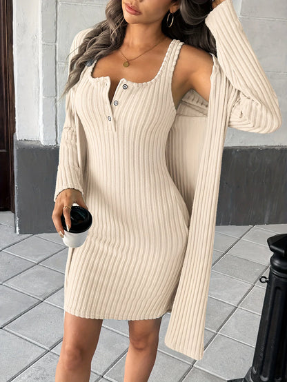 Conjunto Feminino 2 Peças – Cardigan Manga Longa & Vestido Tubinho