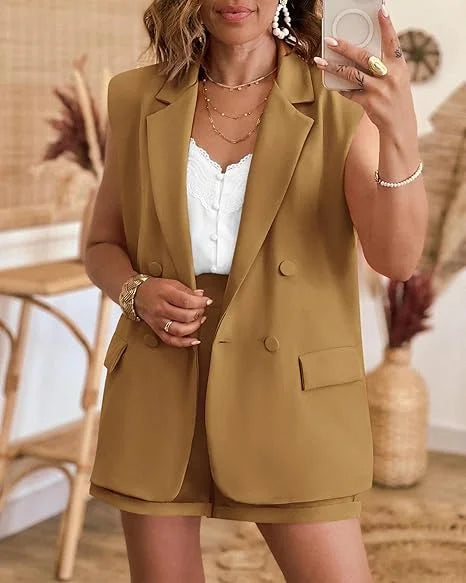 Conjunto Feminino Blazer Sem Mangas + Shorts Cintura Alta – Casual Executivo