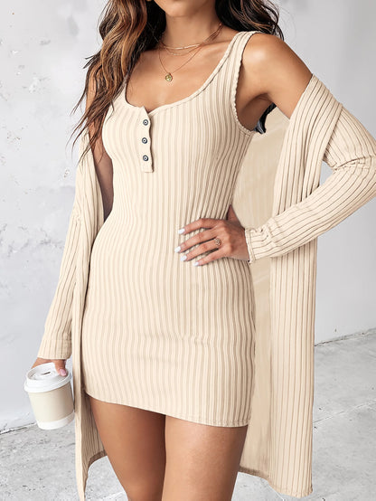 Conjunto Feminino 2 Peças – Cardigan Manga Longa & Vestido Tubinho