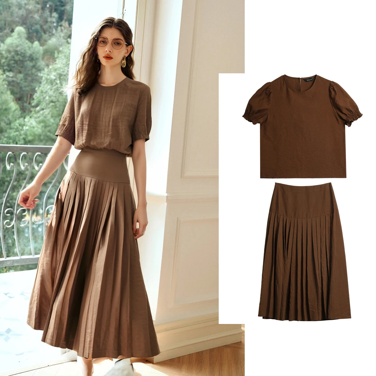 Conjunto French Coffee – Top Elegante & Saia Plissada