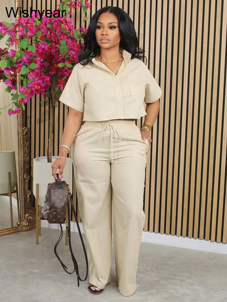 Conjunto Feminino 2 Peças Lã/ Linho – Camisa Manga Curta + Calça Wide Leg Estilo Esporte Casual