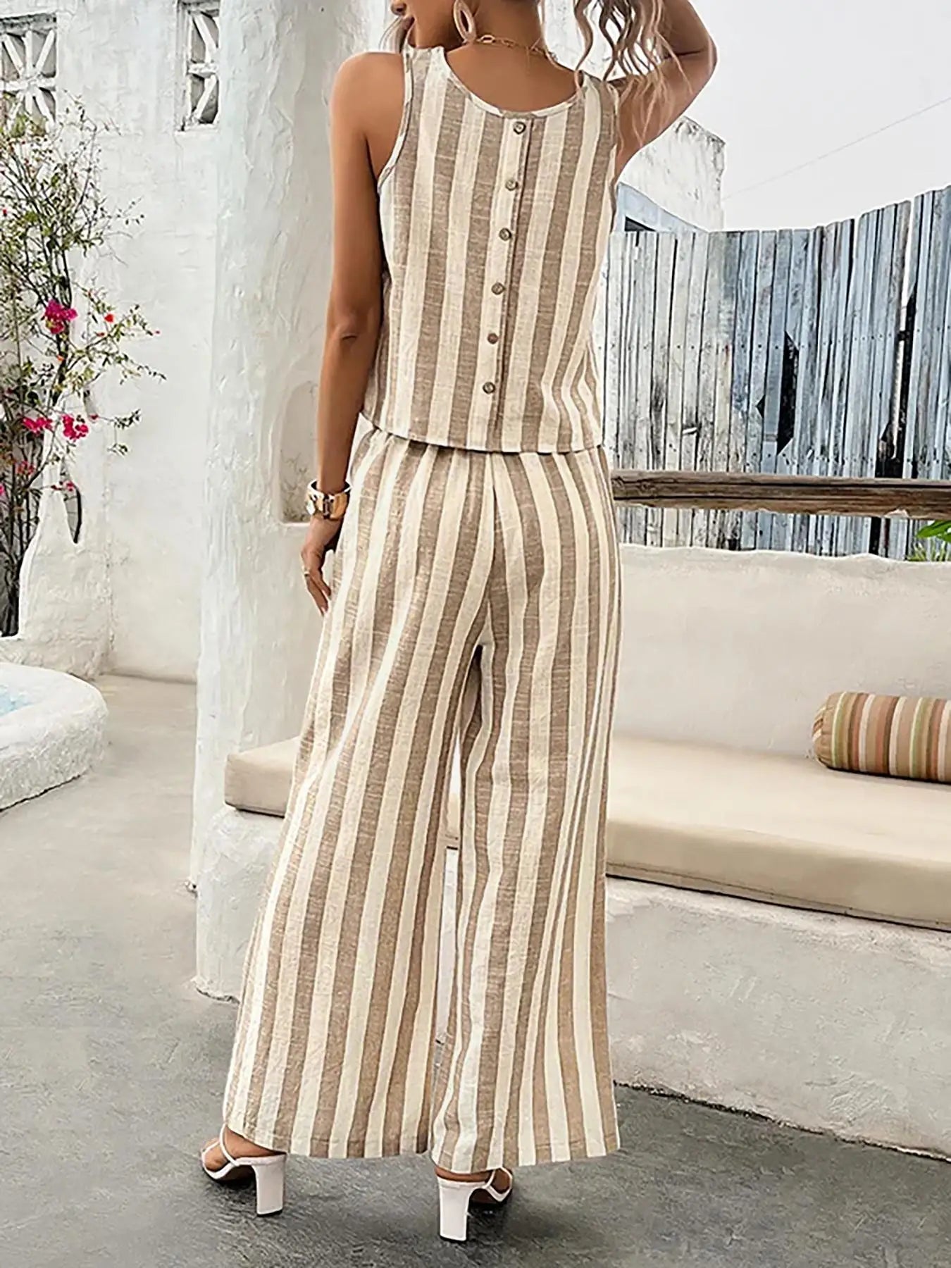 Conjunto Feminino 2 Peças Listrado – Colete & Calça Wide Leg