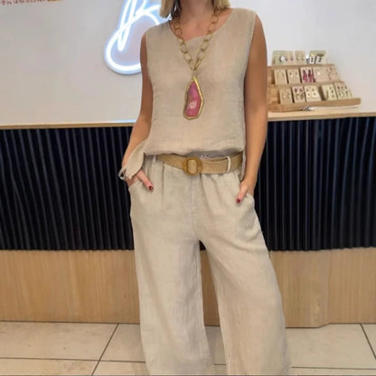 Conjunto Cotton-Linen Chic – Top & Calça 2-Peças