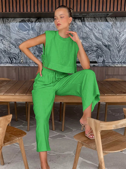 Conjunto Holiday Linho-Algodão 2-Peças – Top Cropped & Calça