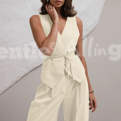 Conjunto Feminino Linho Sólido – Colete + Calça Wide-Leg