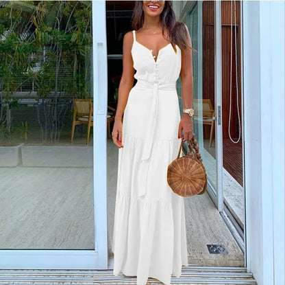 Vestido Feminino Decote V – Sem Mangas, Botões Únicos