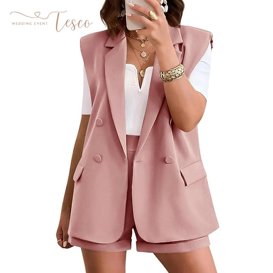 Conjunto Feminino Blazer Sem Mangas + Shorts Cintura Alta – Casual Executivo