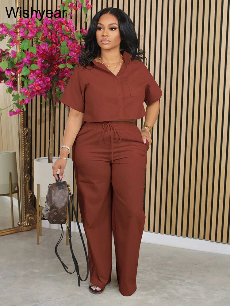 Conjunto Feminino 2 Peças Lã/ Linho – Camisa Manga Curta + Calça Wide Leg Estilo Esporte Casual