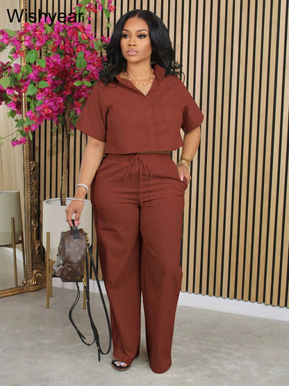 Conjunto Feminino 2 Peças Lã/ Linho – Camisa Manga Curta + Calça Wide Leg Estilo Esporte Casual