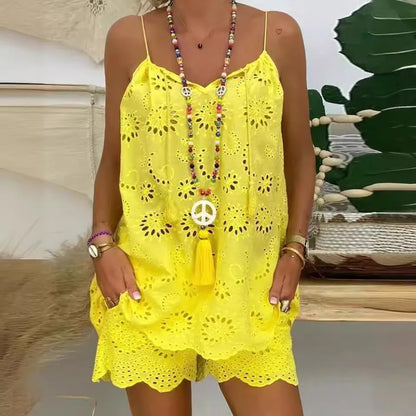 Conjunto Feminino Linho Algodão – Regata Bordada + Shorts Wide Leg