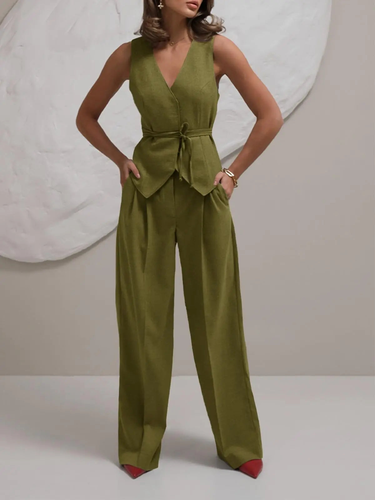 Conjunto Feminino Linho Sólido – Colete + Calça Wide-Leg