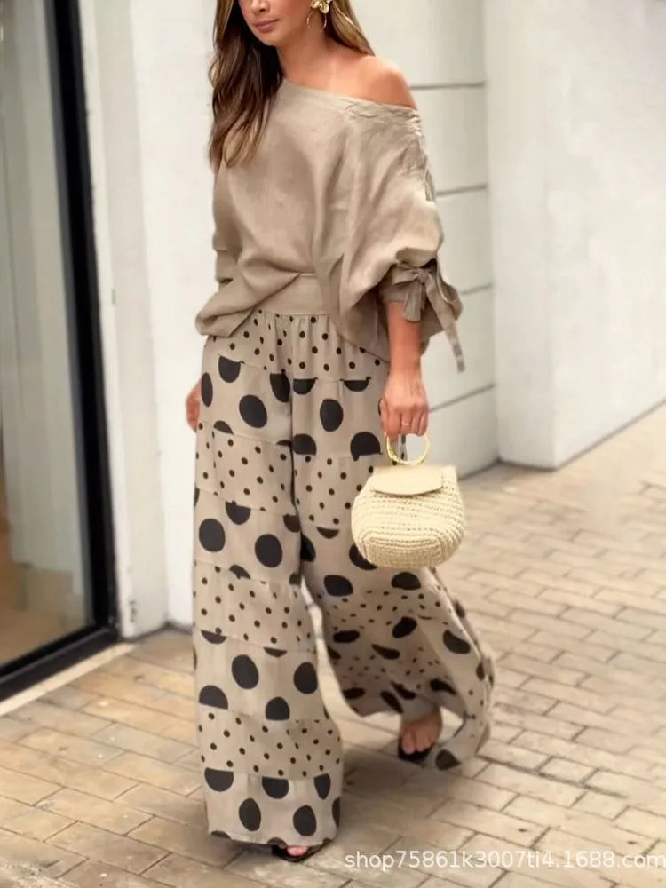 Conjunto Feminino Casual – Top Diagonal + Calça Estampa Poá
