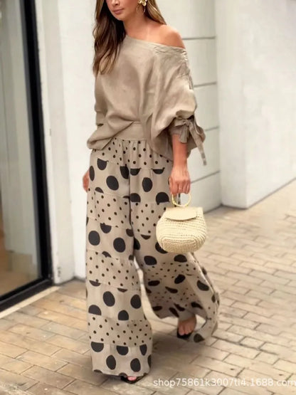 Conjunto Feminino Casual – Top Diagonal + Calça Estampa Poá