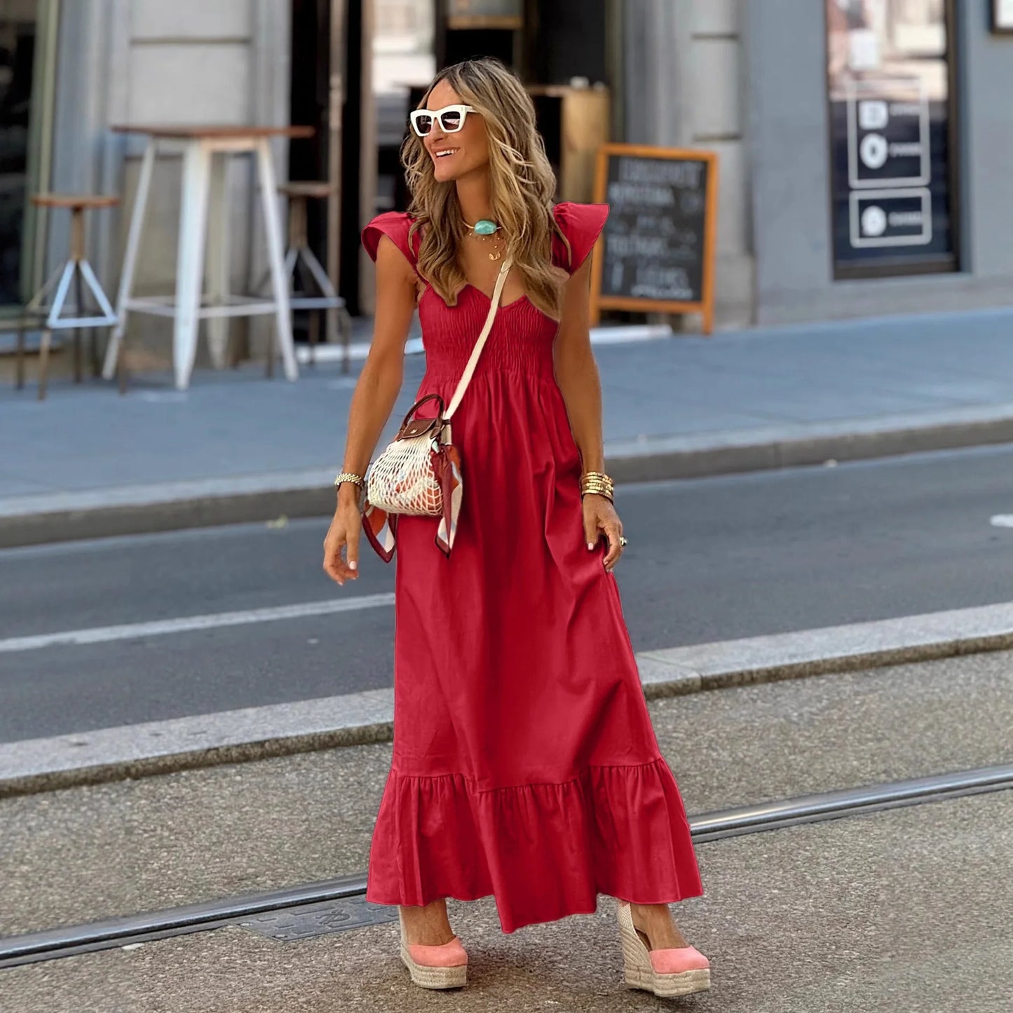 Vestido Longo de Verão – Decote V & Cintura Alta
