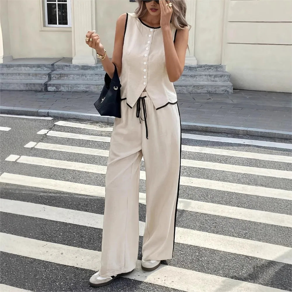 Conjunto Feminino 2 Peças – Colete Sem Manga & Calça de Cintura Alta