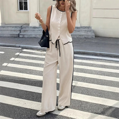 Conjunto Feminino 2 Peças – Colete Sem Manga & Calça de Cintura Alta