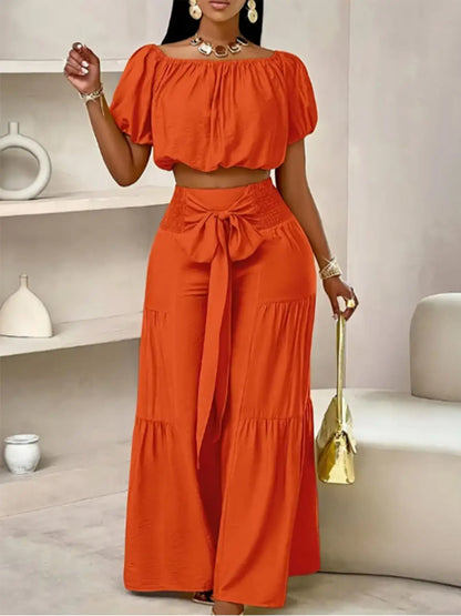 Women's Casual Set – Top & High-Waisted Wide Leg Pants