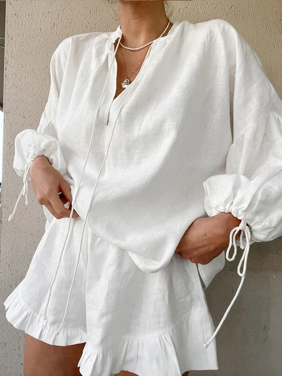 Conjunto Feminino Casual Slim – Blusa Manga Longa & Shorts Cintura Elástica