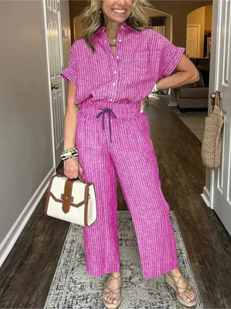Conjunto Feminino Listrado – Camisa Manga Curta + Calça Solta