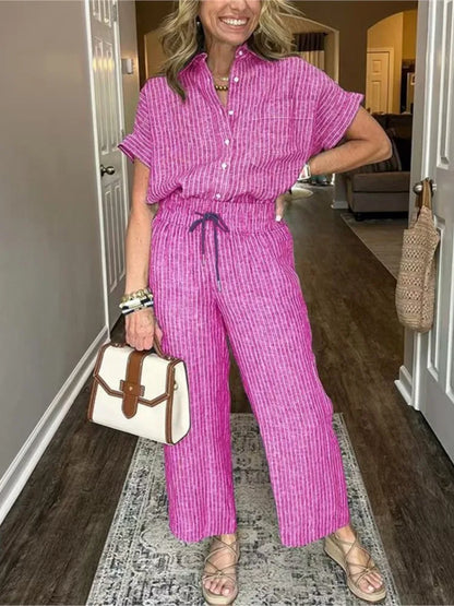 Conjunto Feminino Listrado – Camisa Manga Curta + Calça Solta